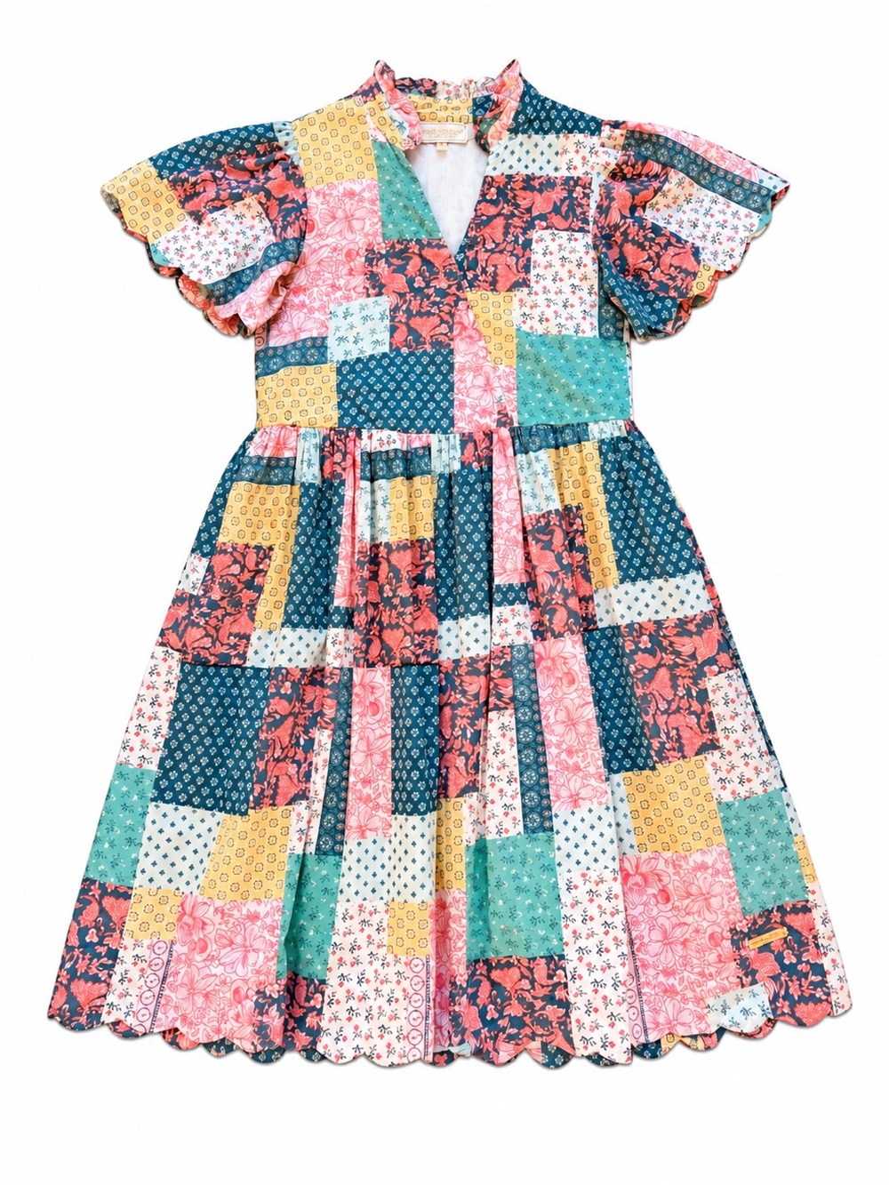 Simply Southern Patchwork Floral Cotton Midi Dress Small Scalloped Pockets